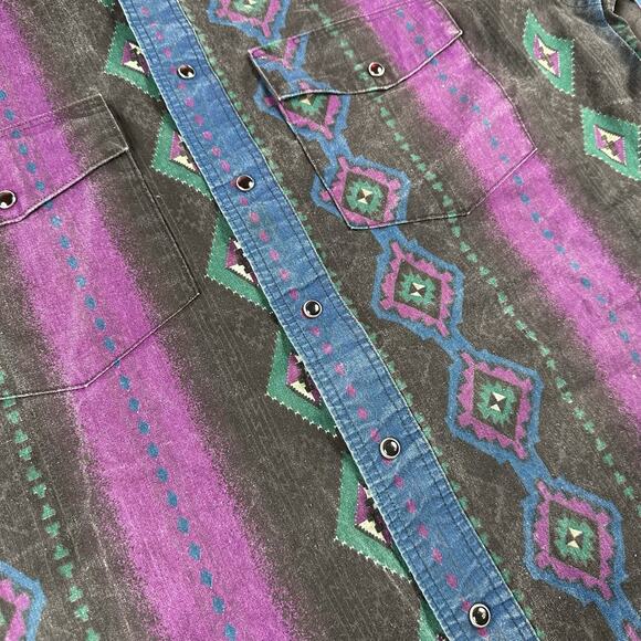 Vintage Wrangler Shirt Men’s Large Aztec Western Snap Brushpopper Rodeo Cowboy - Picture 11 of 16